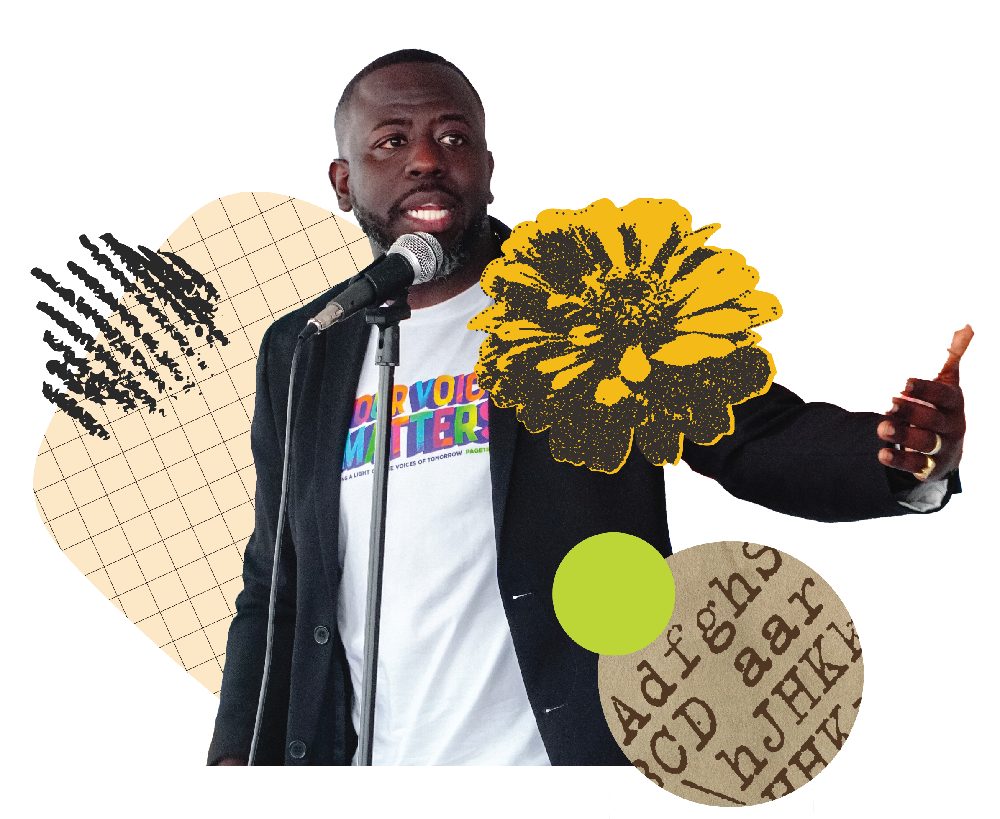 Literary presenter at microphone speaking