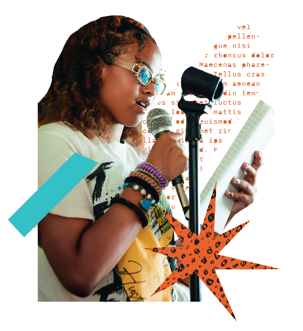 Young author reading at a microphone